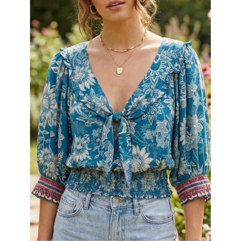 Natural Life Blue Floral Tie Front Smocked Waist Puff Sleeve Boho Top (XL, EUC)